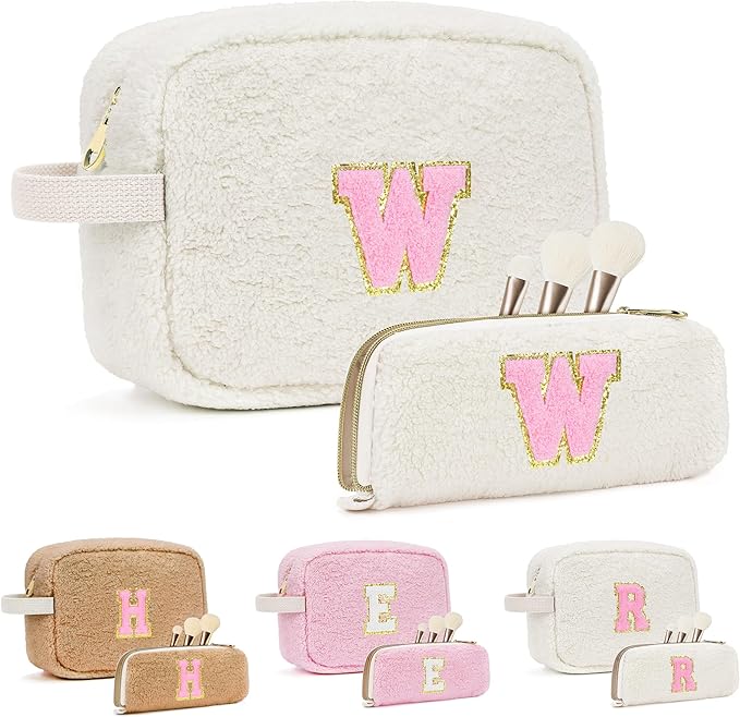 ibeacos for Valentines Day Gifts, Travel Makeup Bag for Women, Initial Make Up Bag Set for 6 7 8 9 10 11 12 13 Years Old Kids Tween Girls, Large Cosmetic Skincare Bags for Birthday Gifts, White W