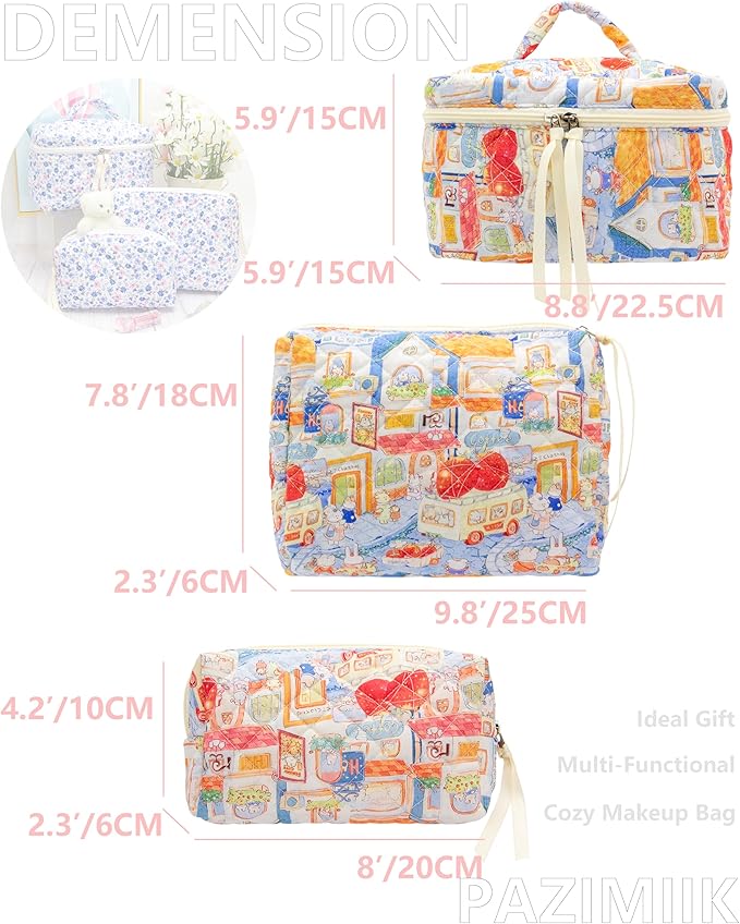 3 Piece Quilted Makeup Bag Set for Women,Cosmetic&Toiletry Bag,Little Bunny