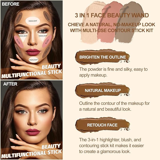3Pcs Contour Stick Makeup Kit,Shades with Highlighter Blush Bronzer, MEDIUM