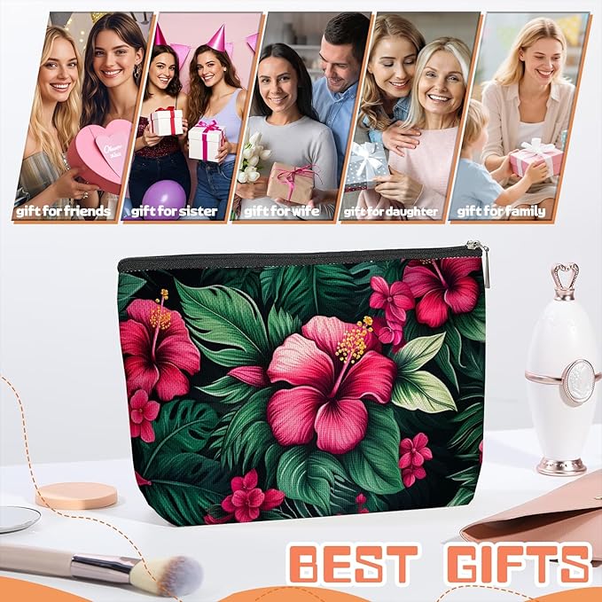 Scribesense Makeup Bag Travel Cosmetic Bags Small Makeup Case Waterproof Zipper Pouch for Women Girls 7X9inches - Bold Hibiscus Flowers with Green Foliage