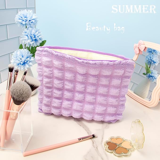 Flat Makeup Bag for Women,Zipper Cosmetic Pouch for Purse,Bubble Purple
