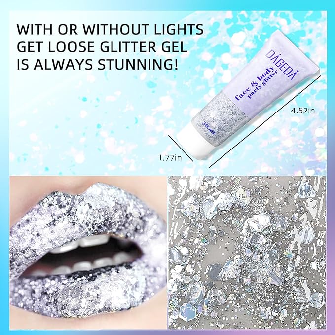 DAGEDA Silver Body Glitter Gel,Sparkly Hair Face Glitter Makeup Accessories