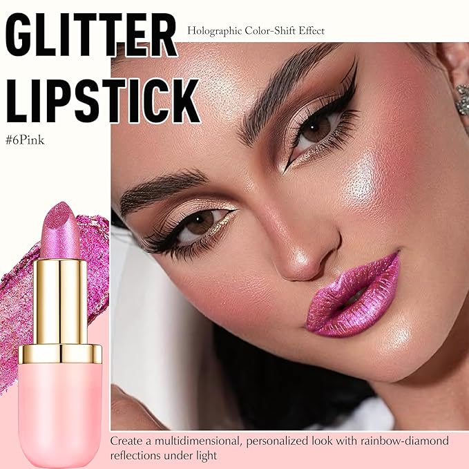 Wugbc Hot Pink Glitter Lipstick with Metallic Finish, Holographic Shimmer Lip Stick Long Lasting Lightweight Hydrating Lip Tinted Non-Sticky Full Coverage Sparkling Lipstick for Women
