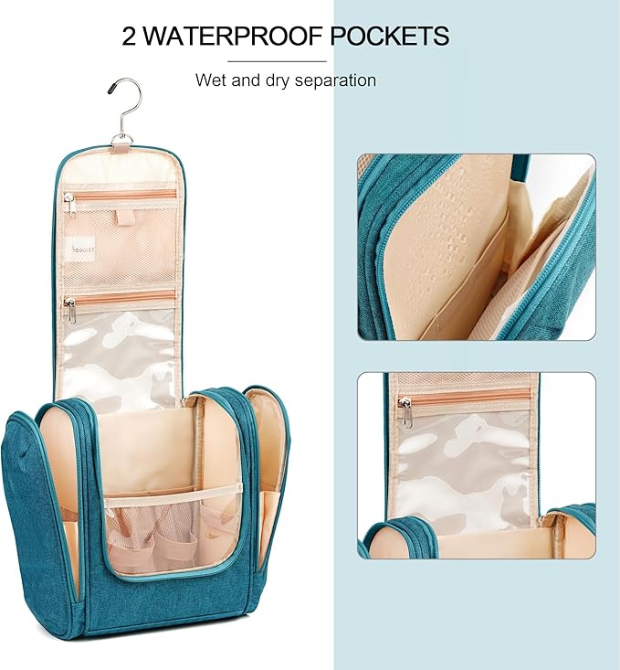 COOSKY Hanging Travel Toiletry Bag for Women and Men, 6 Organizer Compartments, Large Toiletries essentials, Bathroom Cosmetic Accessories, Water-resistant Makeup Bag, Holds Full-Size Shampoo, Blue