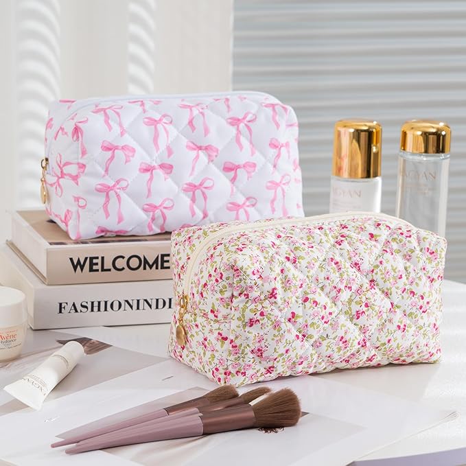 UUYUUY Makeup Bag Travel Toiletry Bag for Women, Small Floral Cosmetic Bags Cute Quilted Cotton Makeup Pouch for Purse Emergency Bag Pencil Case Accessory Bag, Spring