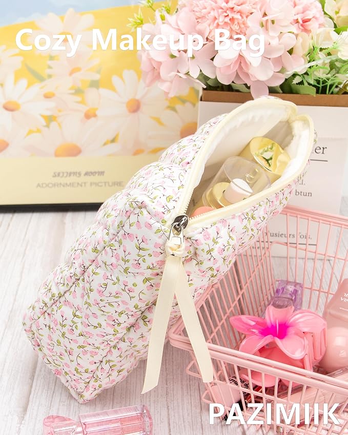 3 Piece Quilted Makeup Bag Set for Women,Cosmetic&Toiletry Bag,Floral Pink