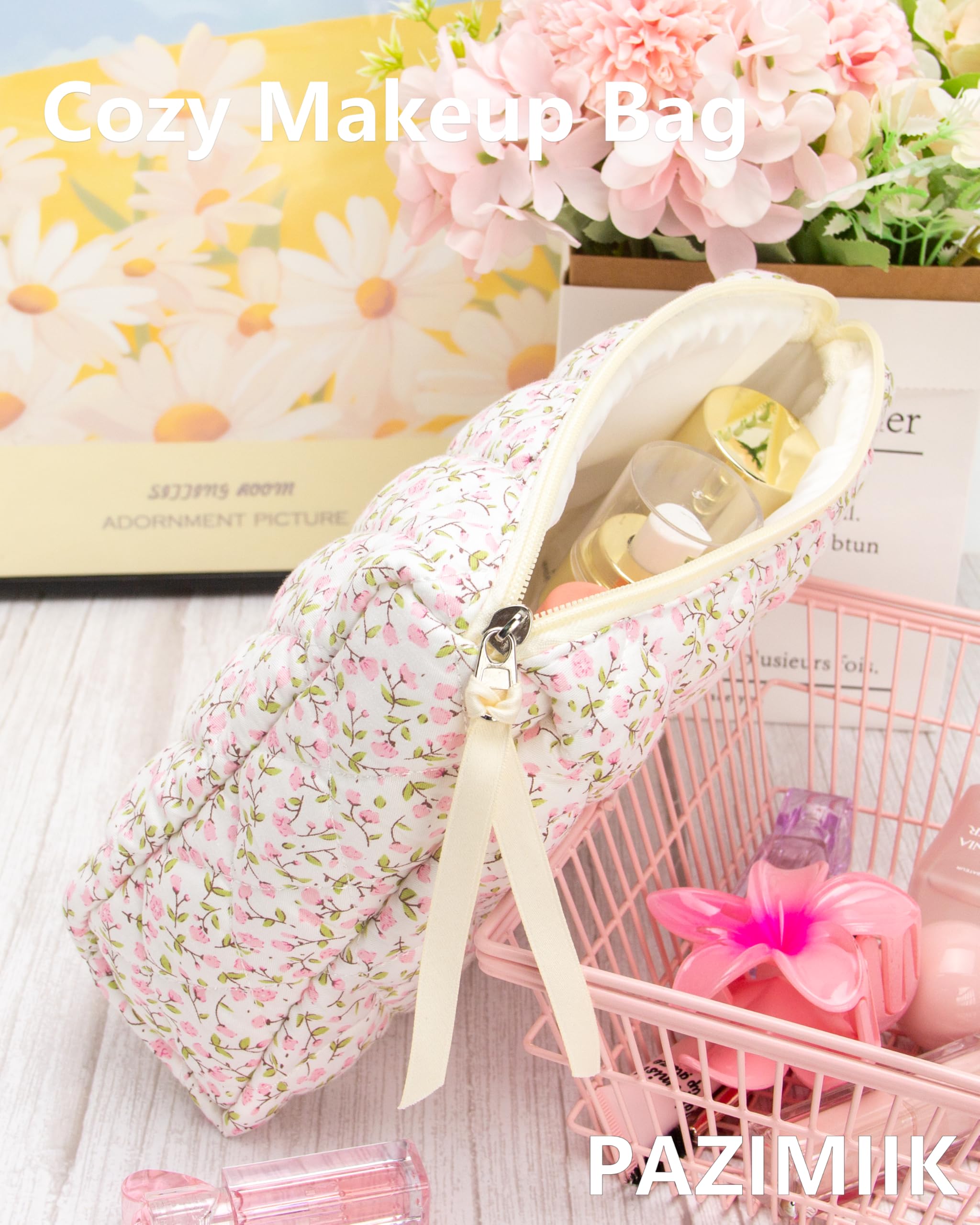 3 Piece Quilted Makeup Bag Set for Women,Cosmetic&Toiletry Bag,Floral Pink