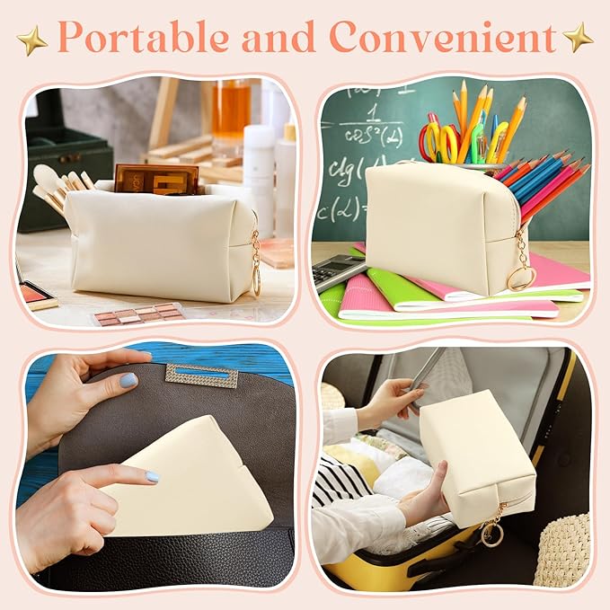 Chunful 24 Pcs Preppy Makeup Bag PU Leather Cosmetic Bag Bulk Makeup Plain Pouch Waterproof Toiletry Purse for Women Traveling Preppy Pencil Case Valentine's Day Gifts(Beige)