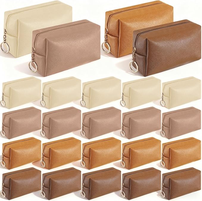 Chunful 24 Pcs Preppy Makeup Bag PU Leather Cosmetic Bag Bulk Makeup Plain Pouch Waterproof Toiletry Purse for Women Traveling Preppy Pencil Case Valentine's Day Gifts(Brown Series)