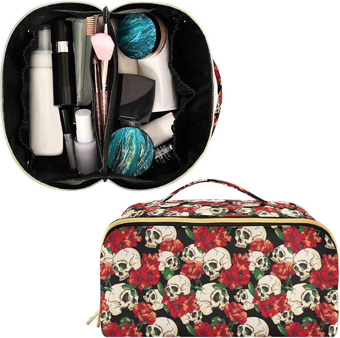 MNSRUU Makeup Organizer Bag, Skull and Flower Travel Makeup Bags Makeup Vanity Case Large Capacity Rhombus Cosmetic Toiletry Bag for Girl Women Ladies