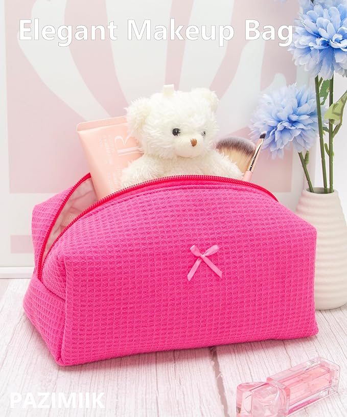 Cozy Makeup Bag for Women,Zipper Cosmetic Pouch,Waffle Hotpink,2 Pack