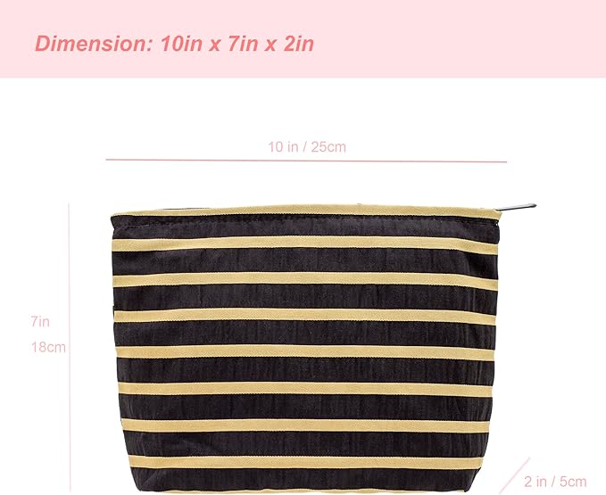 Flat Makeup Bag for Women,Zipper Cosmetic Pouch for Purse,Stripe Black