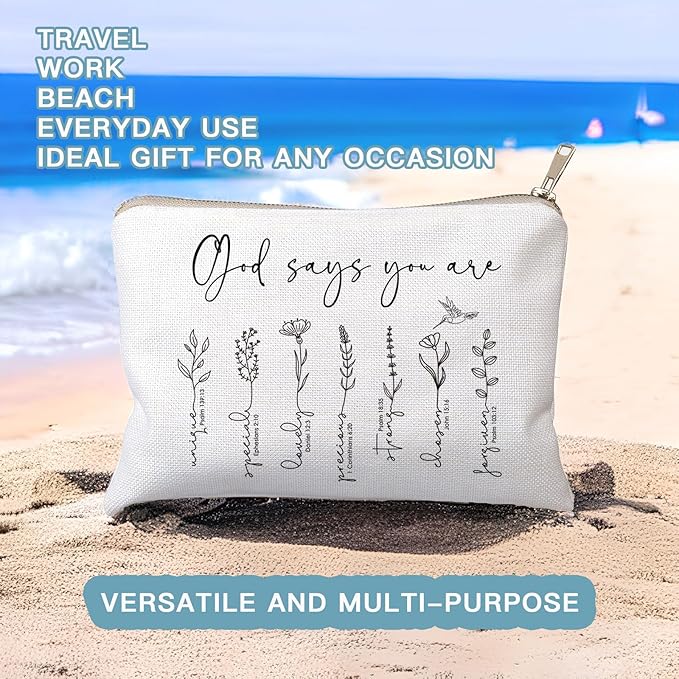 HubbgDesign God Says You Are Makeup Bag, Christian Bible Verse Cosmetic Pouch for Women, Inspirational Floral Toiletry Bag, Positive Affirmation Gift for Her, Travel Makeup Case (God says you are...)