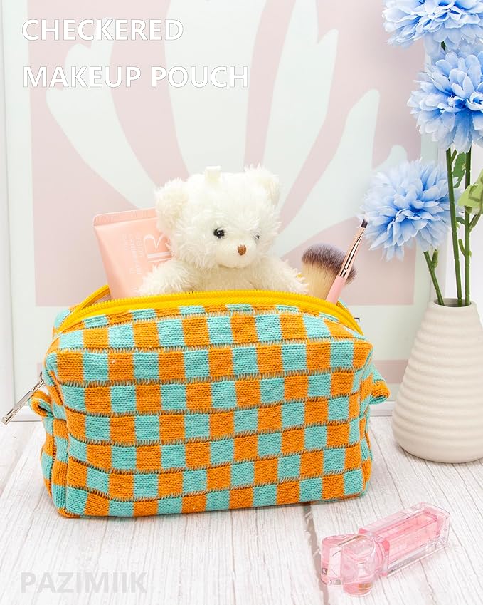 Checkered Makeup Bag for Purse, Small Cosmetic Pouch,Orange Green,6 Pack