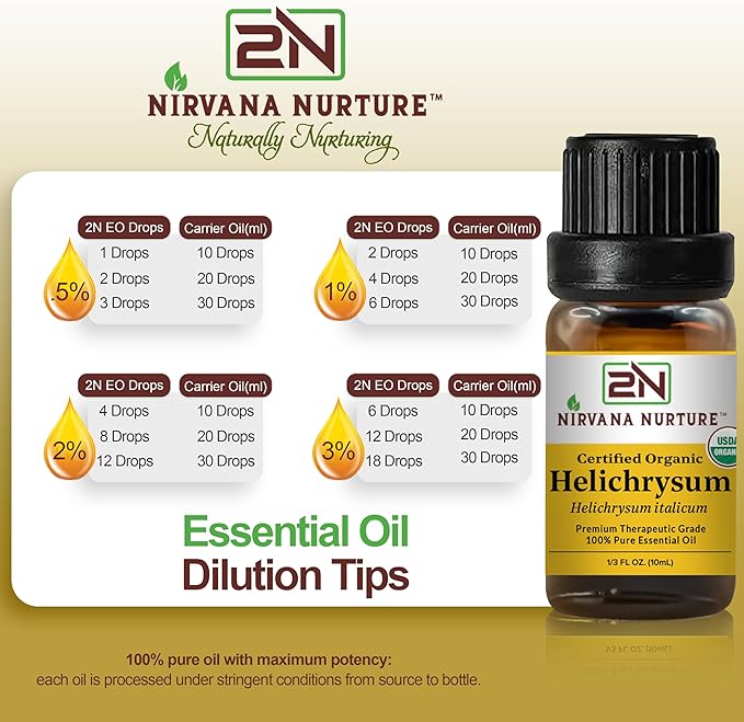 Nirvana Nurture Helichrysum Essential Oil, USDA Certified Organic, 100% Pure Undiluted, Aromatherapy Oil for Diffuser, Hair & Skin Care
