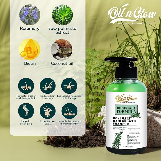 OilnGlow USDA Organic Rosemary Shampoo For Hair Growth For Thickening & Strengthening for Men & Women with Biotin, Scalp DHT Blocker Saw Palmetto For Thinning Hair Loss 10 Fl. Oz- Fragrance Free