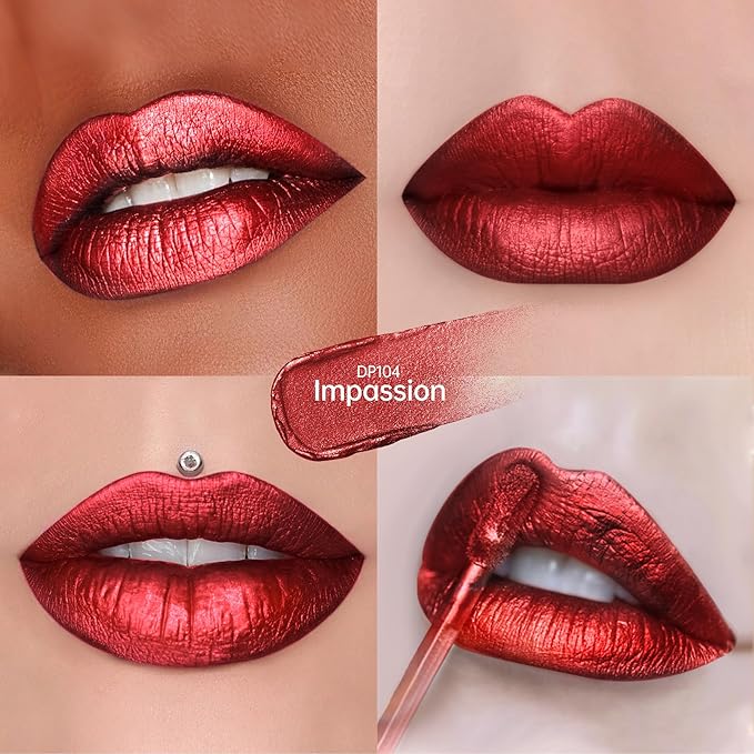 Dark Red Lipsticks for Women Metallic Glitter Long Lasting Lipstick