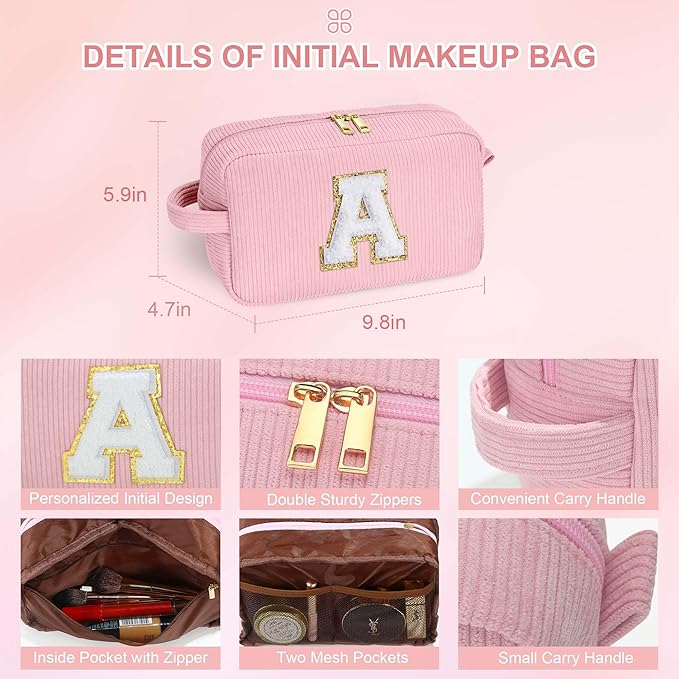 YOOLIFE Birthday Gifts for Girls - Monogram Travel Cosmetic Bag Make Up Bag Small Makeup Bag Cute Personalized Gifts Graduation Gifts for Her Sister Daughter Wife Girlfriend Gifts for Women Letter D