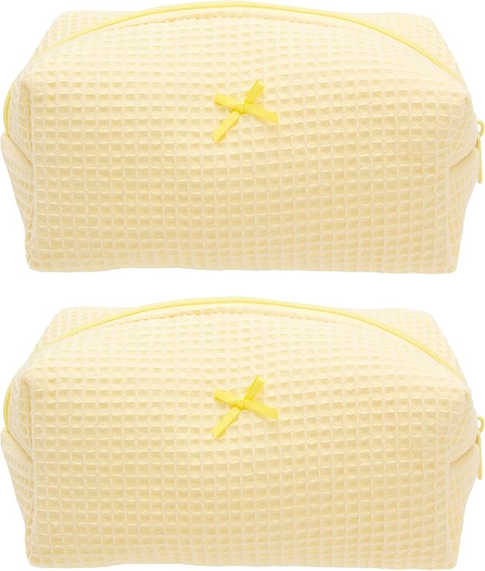 Cozy Makeup Bag for Women,Zipper Cosmetic Pouch,Waffle Yellow,2 Pack