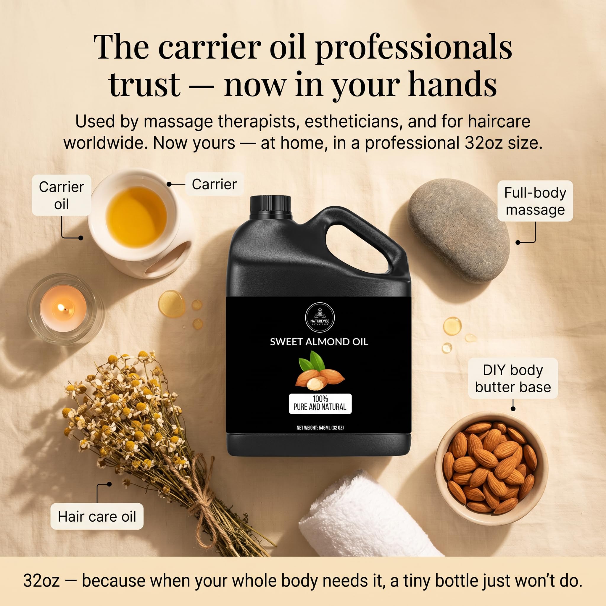 Naturevibe Botanicals Sweet Almond Oil 32 Ounces | 100% Pure and Natural Unrefined Cold Pressed Carrier Oil | Great for Skin Care and Hair Care