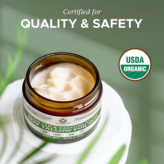 Greenstead Naturals Organic Beef Tallow for Skin – USDA-Certified Organic Tallow Balm for Skin Face and Body with Jojoba Oil and Cocoa Butter – No Added Fragrance, Herb-Infused – 2 oz.