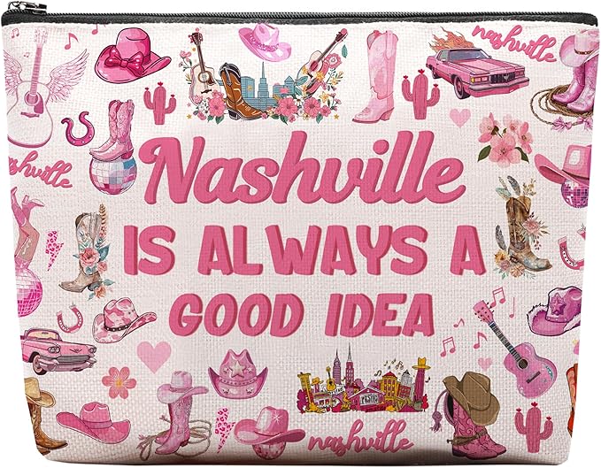 CEASQVAA Nashville Travel Gifts Makeup Bag, Nashville Lover Accessories Souvenirs, Country Music Gifts for Traveller Women Friends, Birthday Bachelorette Party Favors Women Trip Cosmetic Bag Pouch