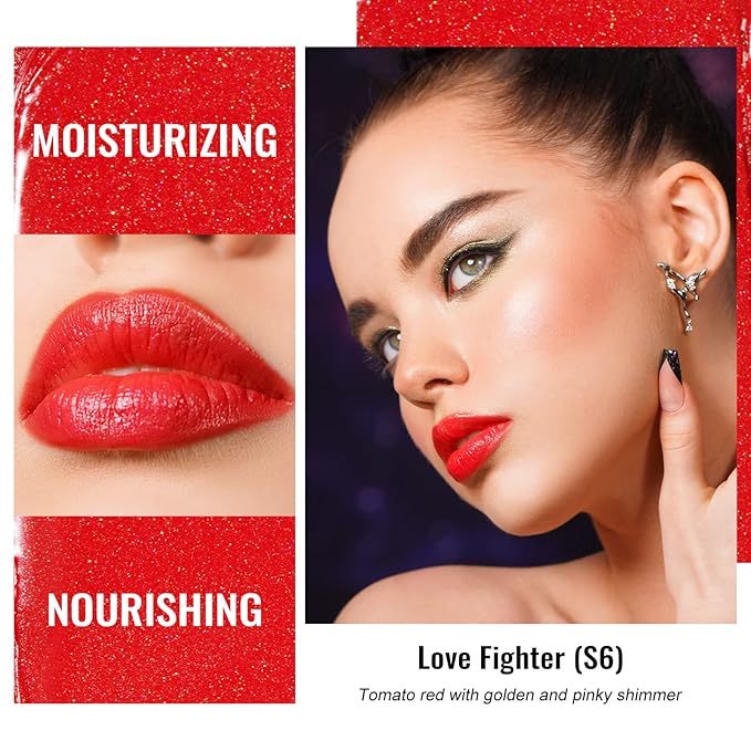 Oulac Red Lipstick for Women, Moisturizing Lipsticks Glass Shine Lipstick with Shimmer, Hydrating Tinted Lip Balm, Juicy Lip Color for Dry, Cracked and Chapped Lips, Vegan S06