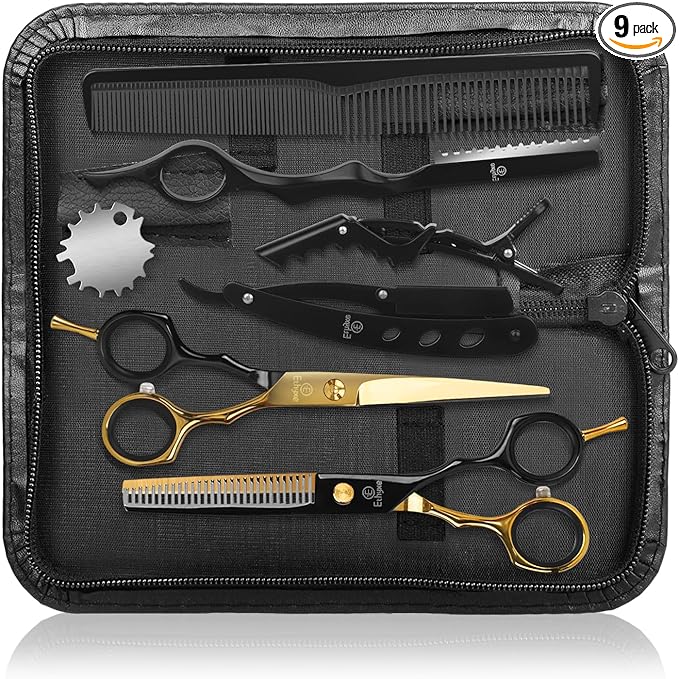 Ethyxe Hair Cutting Scissors Kit - 9 PCS Professional Haircut Scissors Set with Stainless Steel Straight and Thinning Shears for Home, Salon, and Barber Use (Black & Gold)