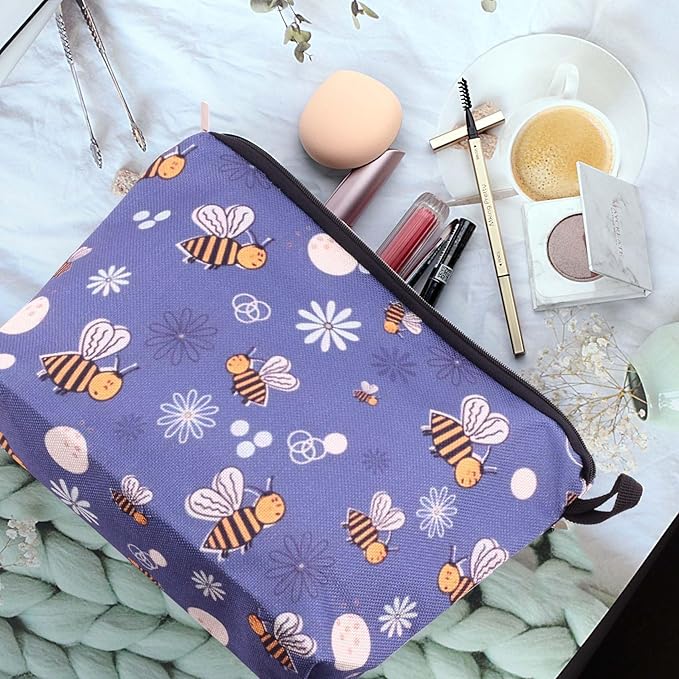 Pebarmnt Cute Animal Lovers Gifts Dinosaur Tropical Sloth Butterfly Cosmetic Bag Makeup Pouch with Zipper (bee)