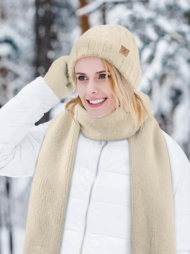 LOROME Winter Beanie Hat Gloves Scarf, Cashmere Hat Gloves Scarf Set Women