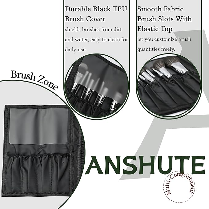 Anshute Travel-Ready Makeup Brush Organizer，Makeup brush holder travel Bag, Black - Multi - Zone PU Leather Cosmetic Case, roll up makeup bag organizer, Makeup Brush Case