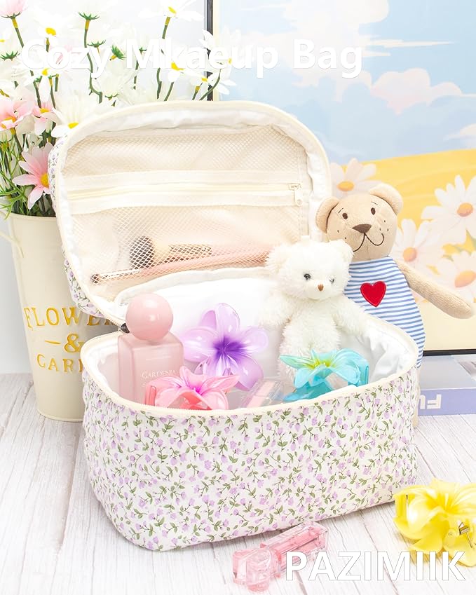 3 Piece Quilted Makeup Bag Set for Women,Cosmetic&Toiletry,Floral Purple