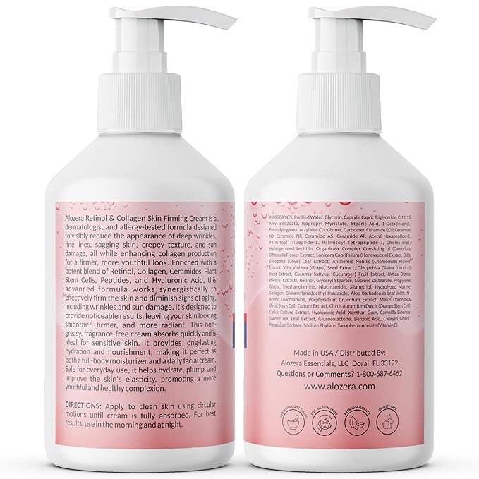 Alozera Firming Body Lotion with Retinol & Collagen, Anti-Aging Body Moisturizer Cream for Crepey Skin, Improves Skin Elasticity, Lightweight & Fast Absorbing, No Added Fragrance, 16.9 Ounce (2-Pack)