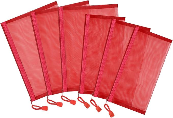 Sinzip 12 Pieces Zipper Nylon Mesh Pouch, Mesh Cosmetic Bags Makeup Bags Pencil Case, Multipurpose Travel Bags for Cosmetic School Office Supplies and Travel Accessories (Red, A5+B6)