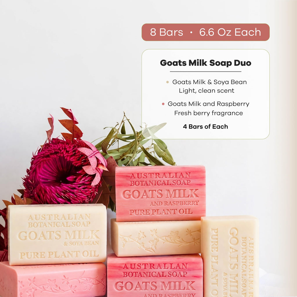 Australian Botanical Soap, Classic Goat Milk and Goat's Milk with Raspberry, 6.6 OZ, Triple Milled Bars made with Enriched with Organic Shea Butter, Pack of 8