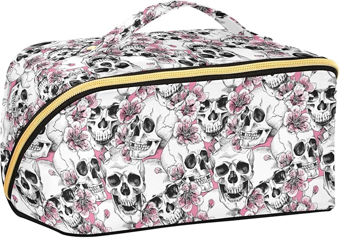 MNSRUU Makeup Organizer Bag, Halloween Skull Flowers and Pink Cherries Travel Makeup Bags Makeup Vanity Case Large Capacity Rhombus Cosmetic Toiletry Bag for Girl Women Ladies