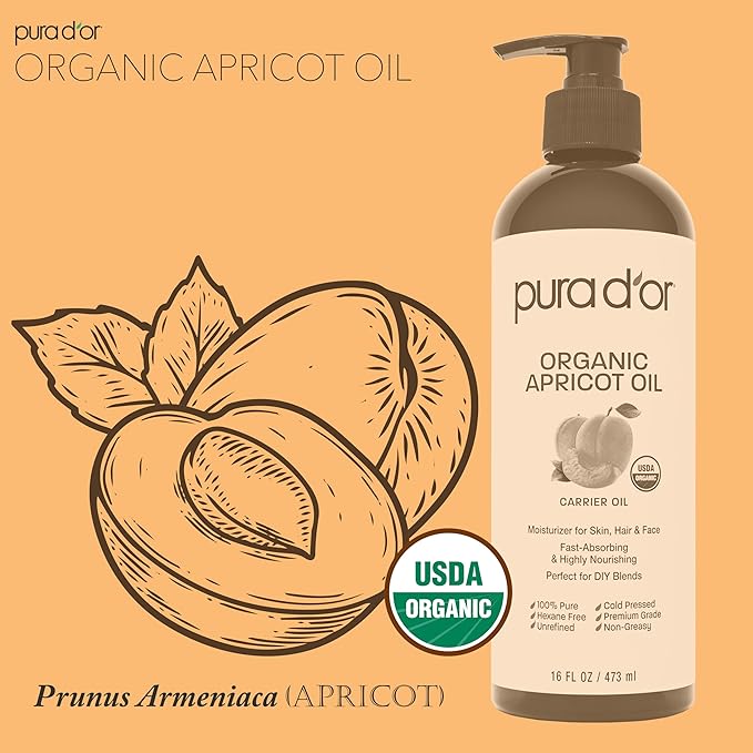 PURA D'OR ORGANIC Apricot Kernel Oil (16 Oz) 100% Pure & Natural USDA Certified