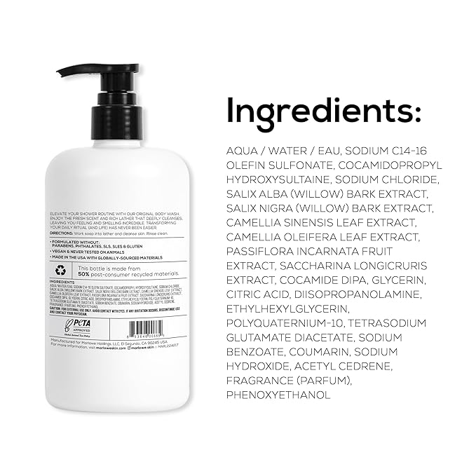 MARLOWE. Men's Body Wash, Refreshing Shower Gel, Sage + Fir, 16 oz Pump