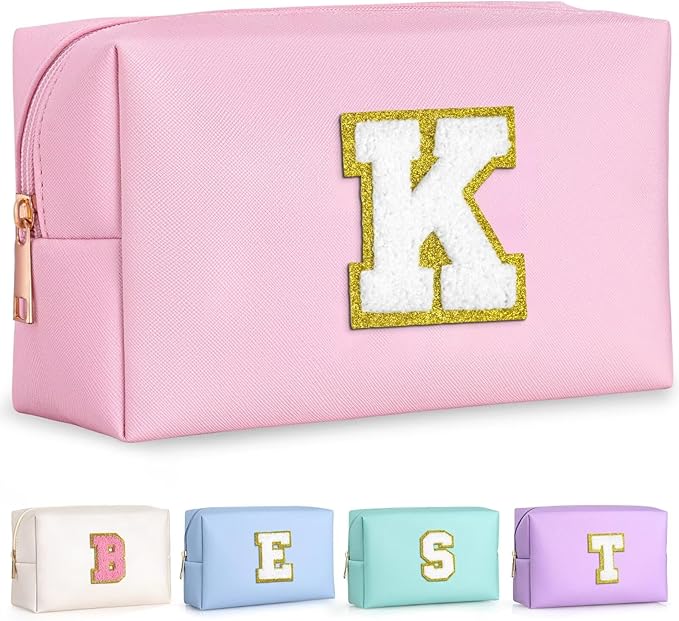 TOPEAST Initial Cosmetic Bag, PU Leather Waterproof Travel Toiletry Bag, Monogrammed Gifts for Women, Personalized Birthday Gift for Sister Friends, Cute Stuff for Girls (Pink K)