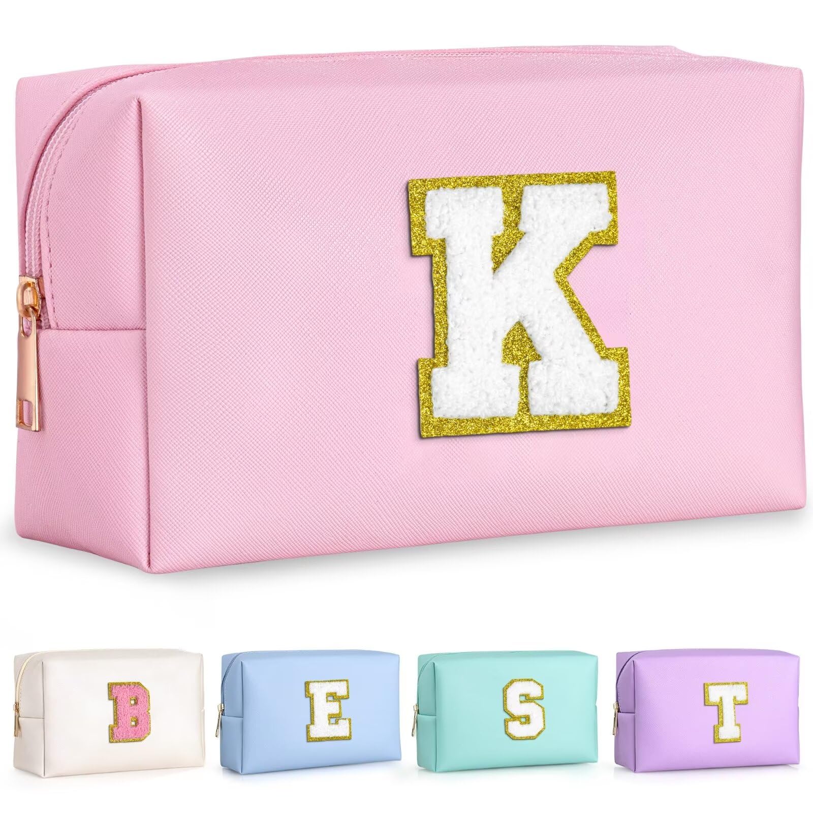 TOPEAST Gifts for Women Teen Girls, Initial Makeup Bag, Cosmetic Bag Travel Toiletry Pouch (Pink K)