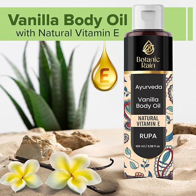 Botanic Rain Vanilla Ayurveda Body Oil After Shower for Dry, Crepey & Flaky Skin – Non Greasy Lightweight Moisturizer for Women & Men, 3.38 fl oz (1, Vanilla)