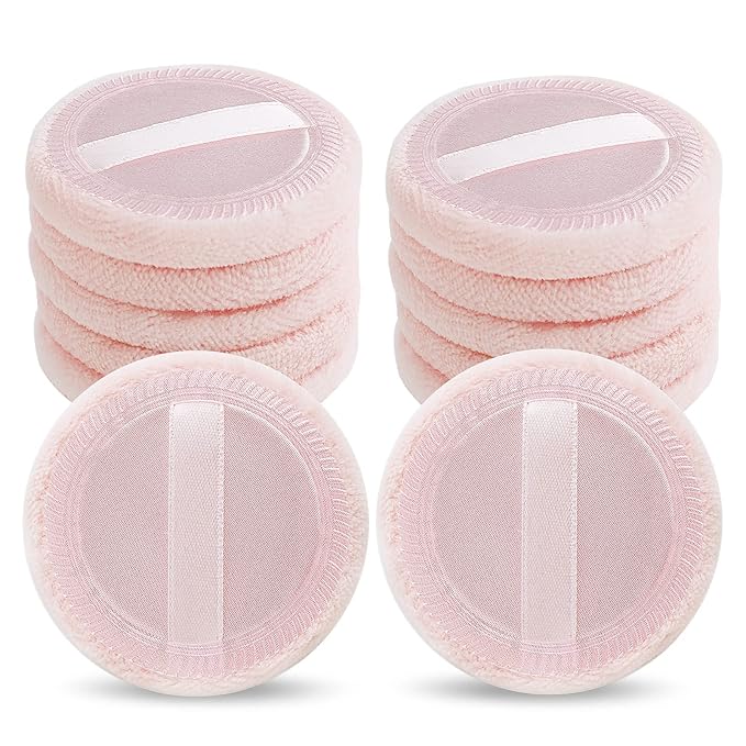 Sibba 12 Pcs Loose Powder Make Up Puff Pink Cotton Pads Face Body Makeup Velour with Ribbon Applicators Setting Round Make Up Eyeshadow Concealer Cosmetics Sponge