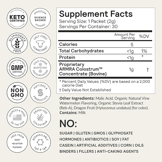 ARMRA Colostrum Powder | Vine Watermelon | Gut Health & Bloating | Skin & Hair | Immunity | Keto, Gluten & Fat-Free | 30 Servings
