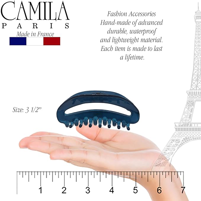 Camila Paris CP3125 French Hair Clips for Women, 3.5" Blue, Large Claw Clip Strong Hold All Day, No Damage No Slip Claw Clips for Thick Curly Wavy Fine Straight Hair, Jaw Clip Made in France