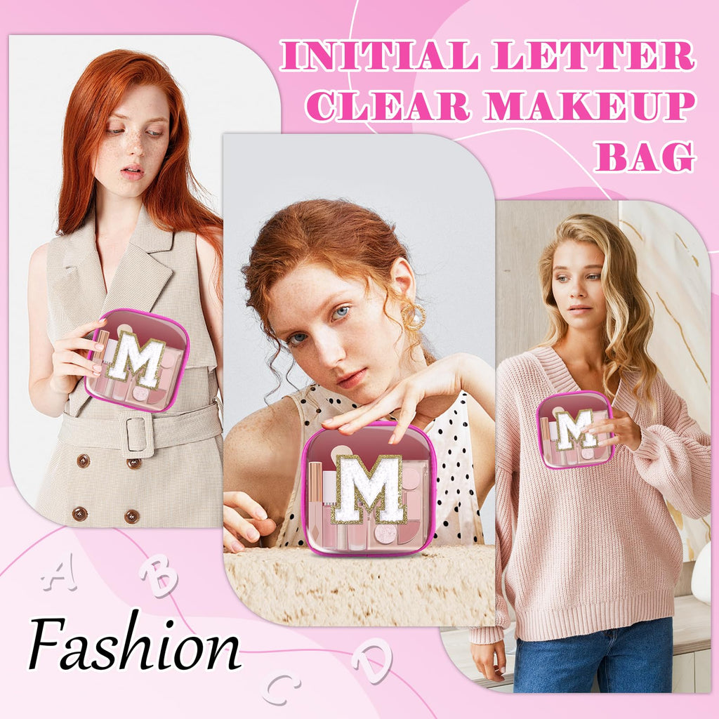Personalized Initial Letter Clear Preppy Makeup Bag,Mini Nylon Chenille Letter Cosmetic Bag Cute Zipper Pouch Coin Purse for Teen Girls,Portable TSA Approved Travel Essentials Bag Gift for Women,M