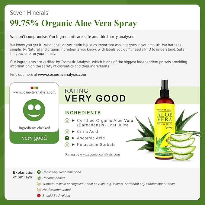 Seven Minerals Travel Size Aloe Vera Spray with Pure Aloe From Freshly Cut Organic Aloe Plant, Not Powder - No Xanthan,So It Absorbs Rapidly With No Sticky Residue (2 fl oz)