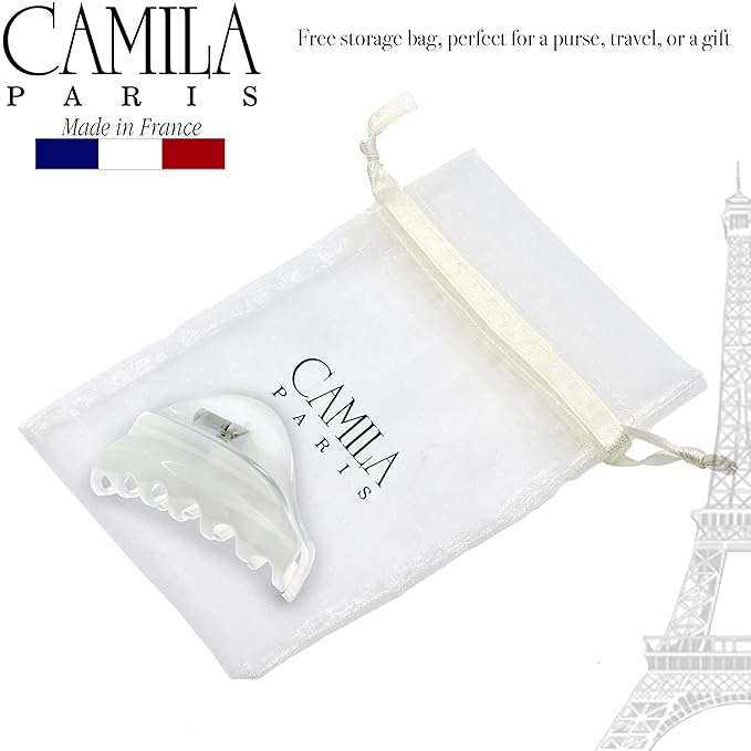 Camila Paris CP2555 French Hair Clips for Women, 3.75" White Large Claw Clip Strong Hold All Day, Girl Large Claw Clips for Thick Hair, No Damage No Slip Flat Clip for Women. Made in France