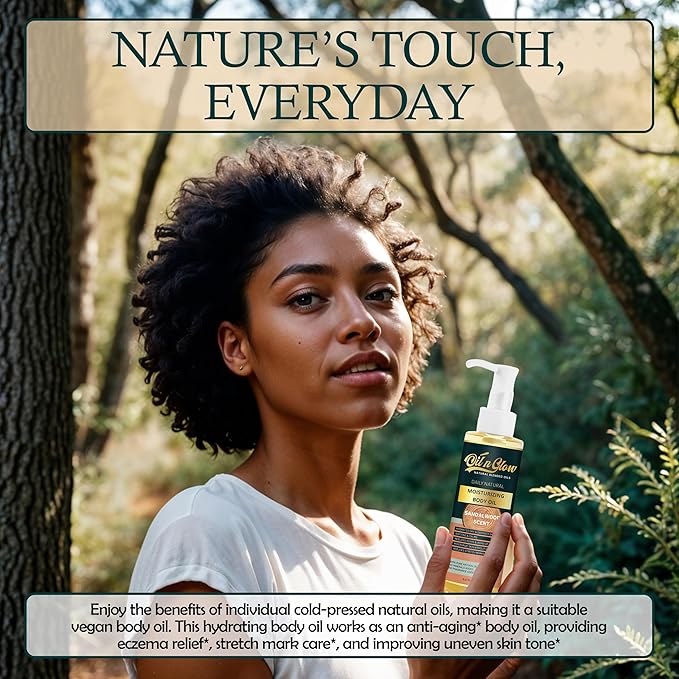 OilnGlow Pure Natural Hydrating Body Oil After Shower With Coconut, Jojoba, Olive & Almond Non-Greasy Moisturizing Oil For Women & Men Dry Skin 5.07 fl oz/150ml-Sandalwood Scent
