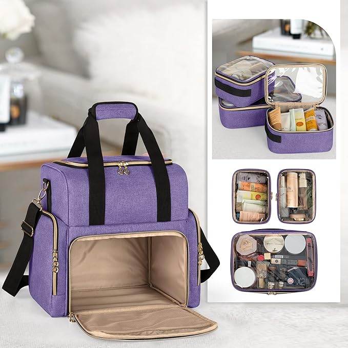 LUXJA Large Travel Makeup Bag with 3 Removable Makeup Cases, Purple
