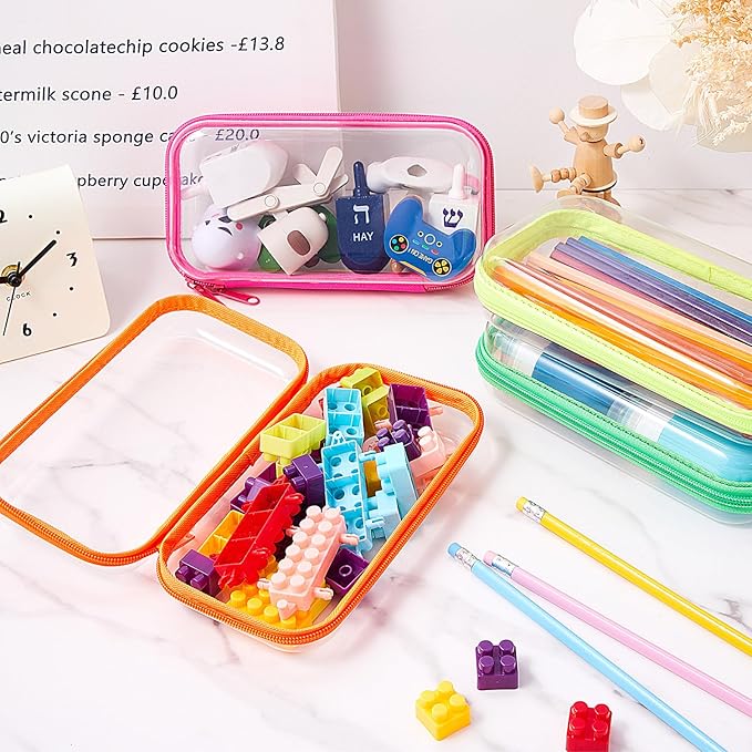 Hoolerry 4 Pcs Hard Clear Zipper Case Makeup Bags Plastic Zipper Pouch Transparent Storage Box Containers for Cosmetics, Snacks, Building Blocks, Puzzles(Clear,7.5 x 3.9 x 2 in,Fluorescent)
